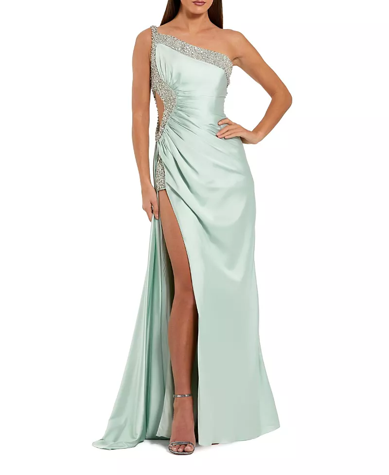 Mac Duggal One Shoulder Embellished Cut Out Slit Gown