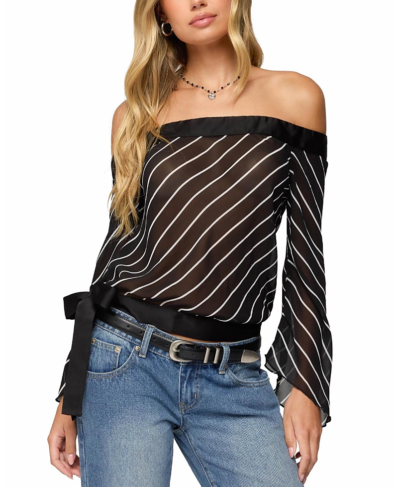 Edikted Diagonal Striped Off Shoulder Chiffon Top