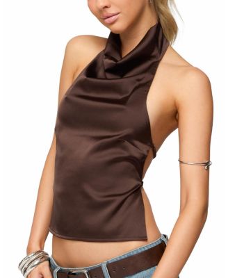 Satin Effect Backless Cowl Neck Top