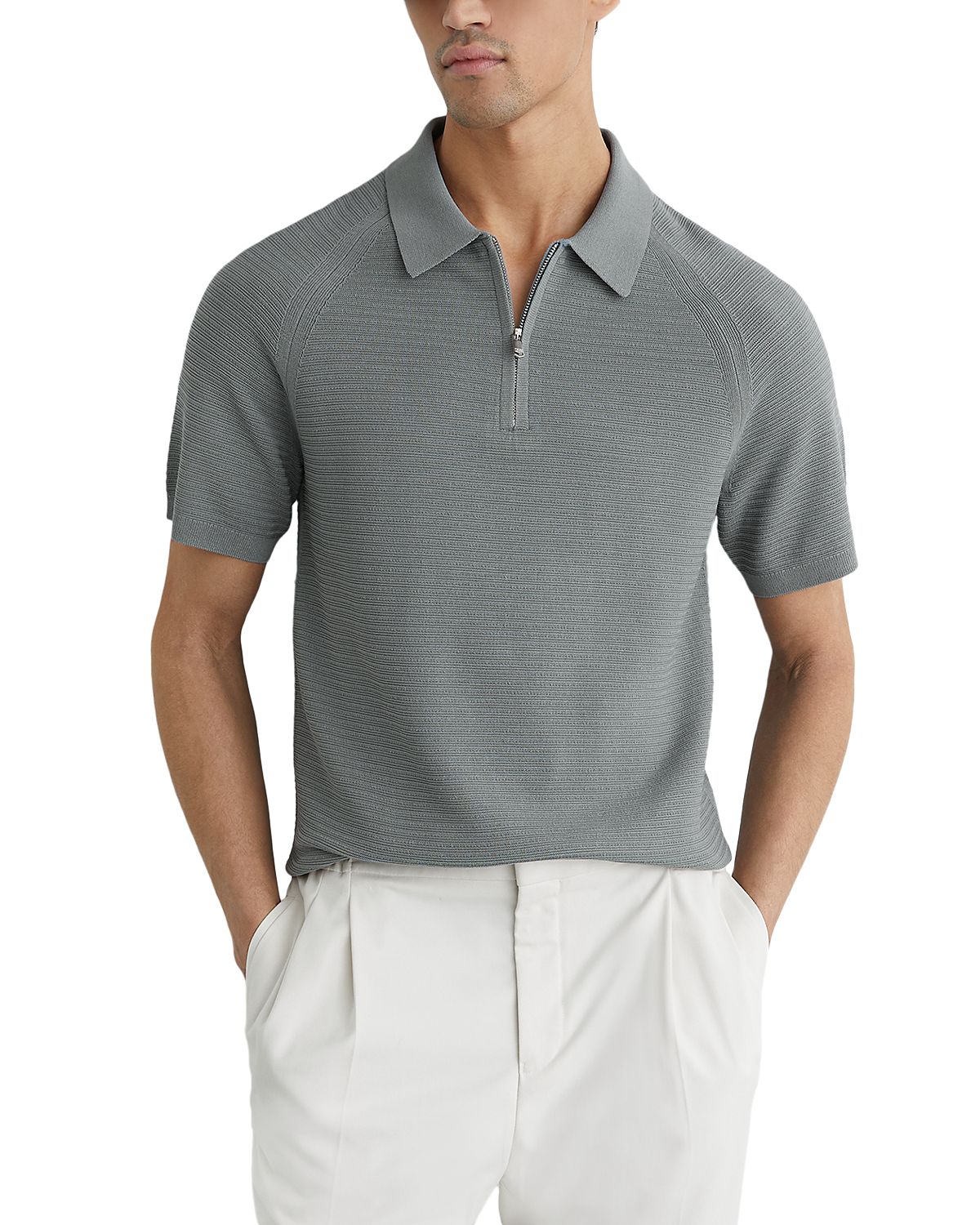 Reiss Estate Short Sleeve Half Zip Textured Polo
