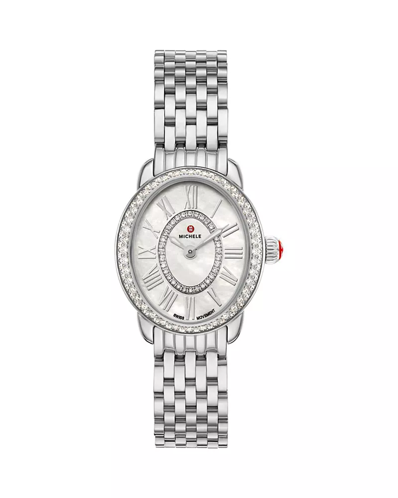 Michele Serein Oval Diamond Stainless Steel Watch, 24mm x 27mm