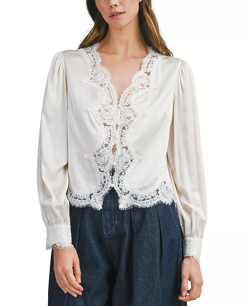 Luvee Lace Trim Long Sleeve Blouse