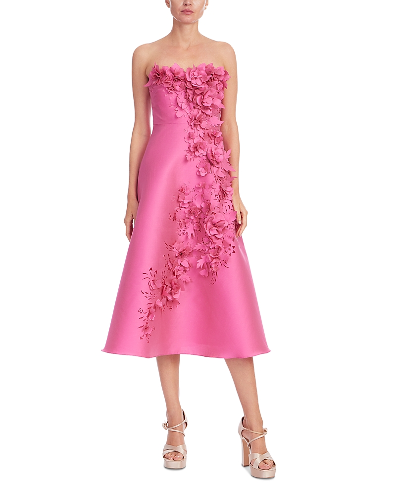 Badgley Mischka Strapless 3D Floral Gazar Midi Dress