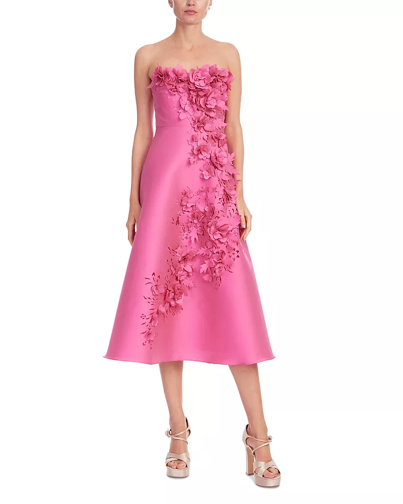 Badgley Mischka Strapless 3D Floral Gazar Midi Dress