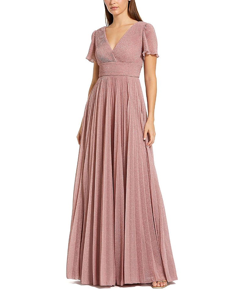 Mac Duggal Pleated Metallic Flutter Sleeve V-Neck A-Line Gown