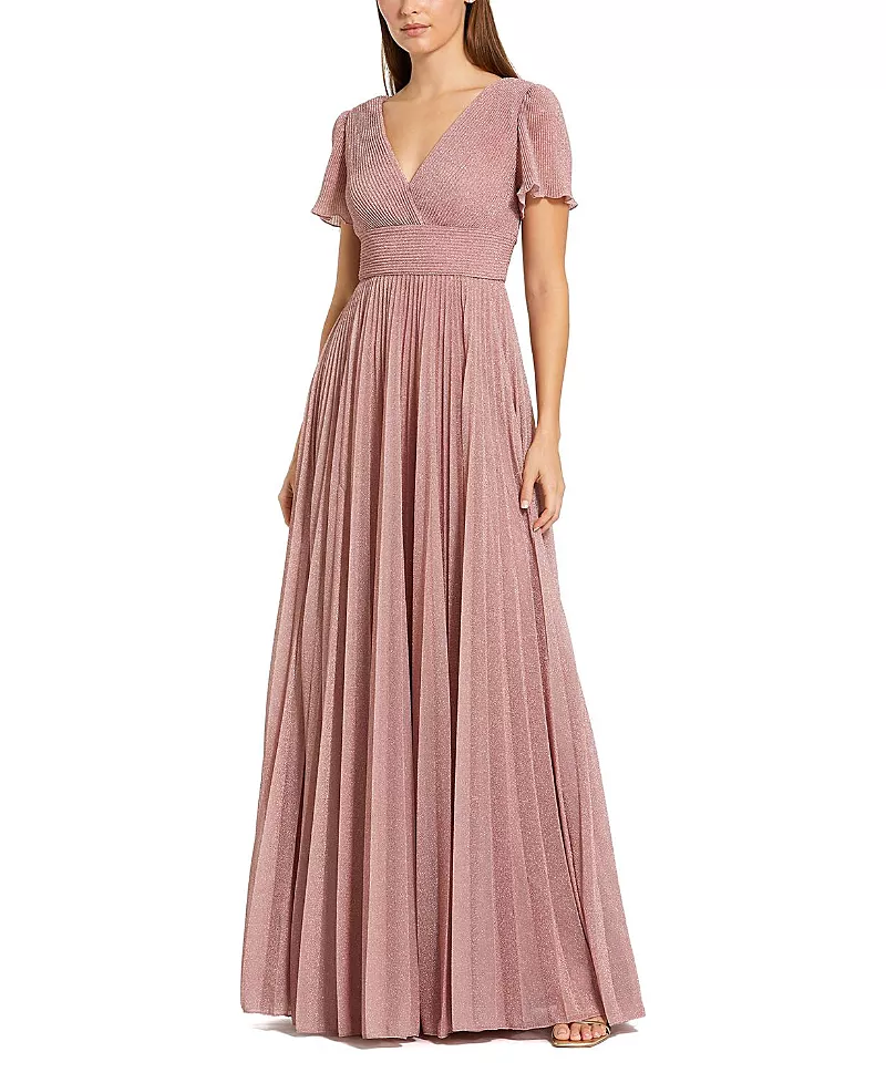 Mac Duggal Pleated Metallic Flutter Sleeve V-Neck A-Line Gown