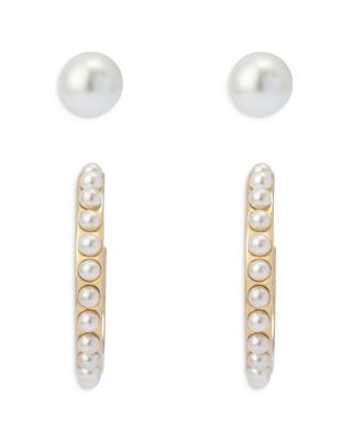 Hazel Imitation Pearl Stud & Huggie Hoop Earrings, Set of 2