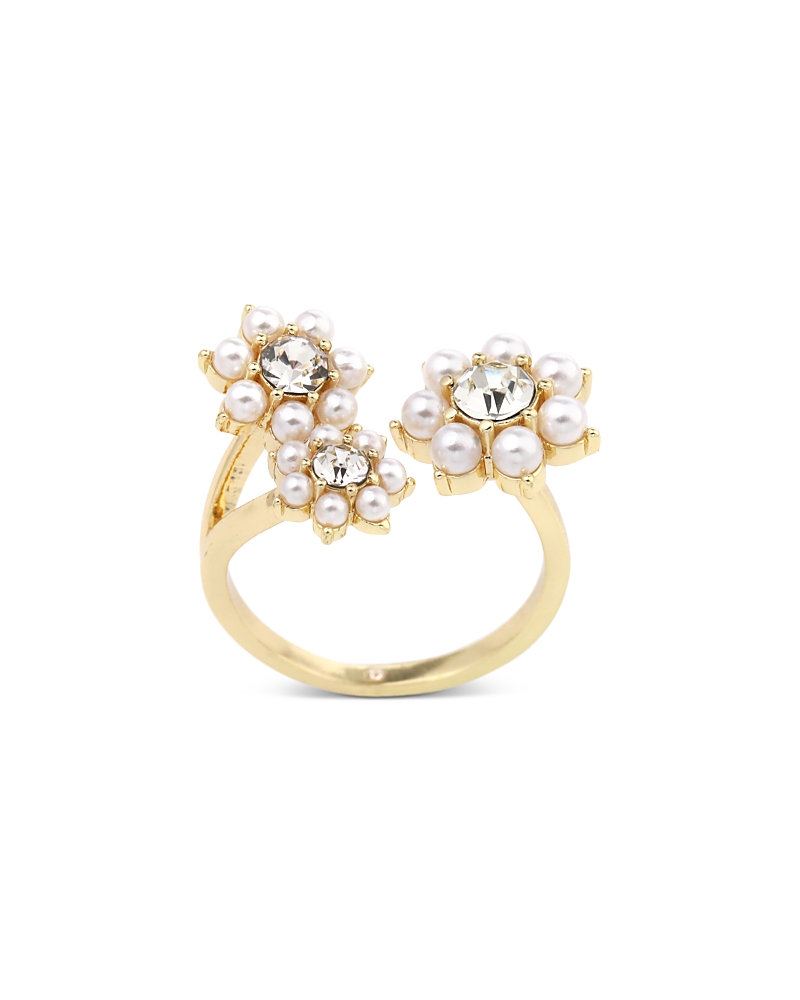 Aqua Cubic Zirconia & Imitation Pearl Flower Open Ring - Exclusive