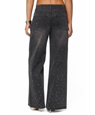  Rhinestone Washed Low Rise Baggy Jeans