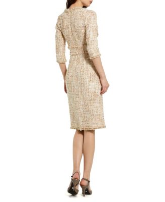  Petite Beige Beaded Trim Boucle Midi Dress with 3/4 Sleeves