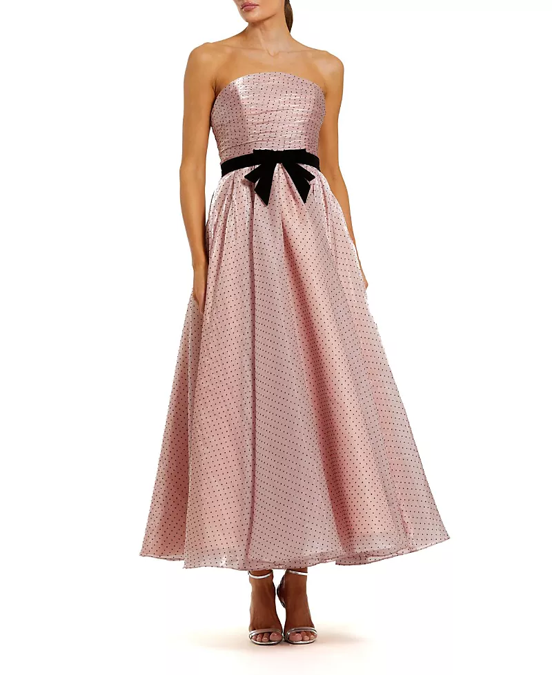 Mac Duggal Petite Polka Dot Organza Strapless Dress with Bow