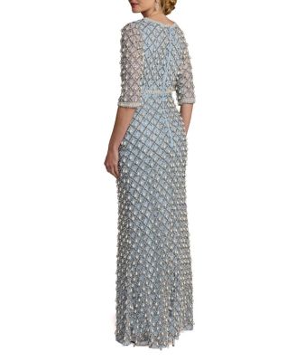  3/4 Sleeve Faux Pearl Embellished Mesh Gown