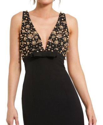  Petite Crepe Sleeveless Beaded V-Neck Gown with Bow