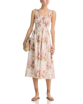 Floral Eyelet Tie Smocked Midi Dress - Exclusive
