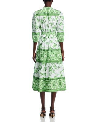 Three Quarter Sleeve Split Neck Printed Midi Dress