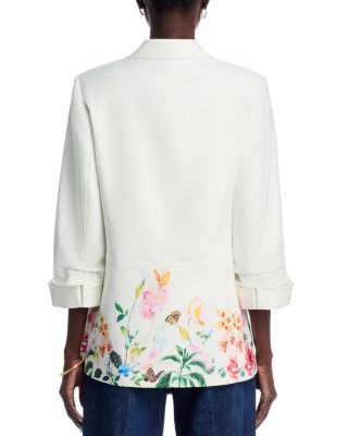 Printed Notch Collar Open Front Seamed Scrunch Sleeve Blazer