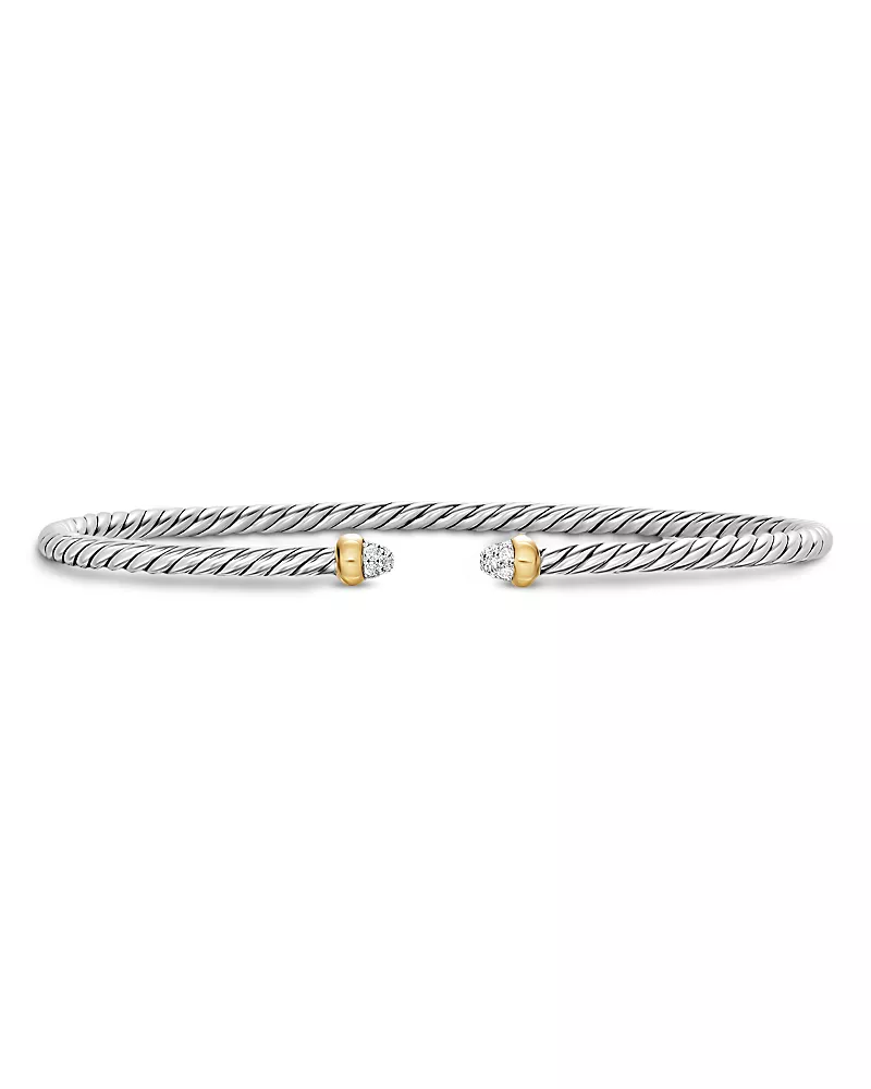 Micro Cable Flex Bracelet in Sterling Silver with 14K Yellow Gold and Diamonds, 2.6mm