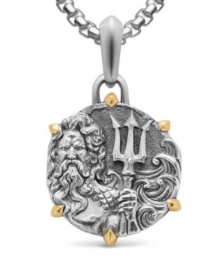 Men's Poseidon Amulet in Sterling Silver with 18K Yellow Gold, 26.4mm