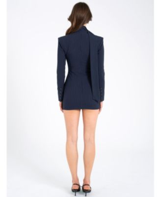  Tahlia Deep V Pinstripes Scarf Collar Blazer Dress