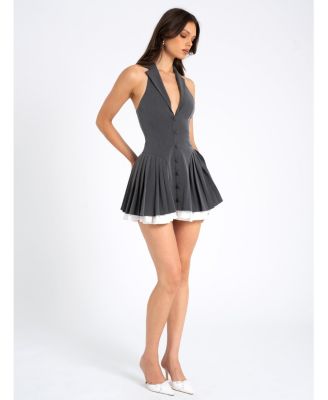  Hazel Preppy Halter Neck Pleated Mini Dress