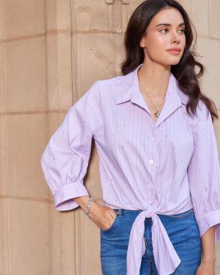 Blouson Sleeve Embellished Tie Front Top