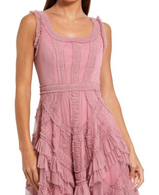  Petite  Scoop Neck Sleeveless Mesh Micro Ruffle Midi Dress