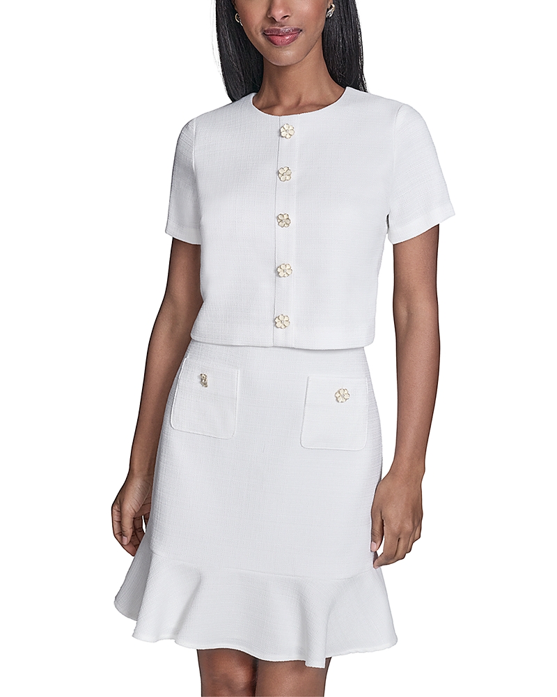 Karl Lagerfeld Paris Flower Button Short Sleeve Summer Tweed Dress
