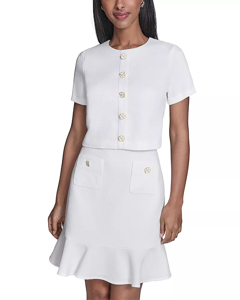 Karl Lagerfeld Paris Flower Button Short Sleeve Summer Tweed Dress