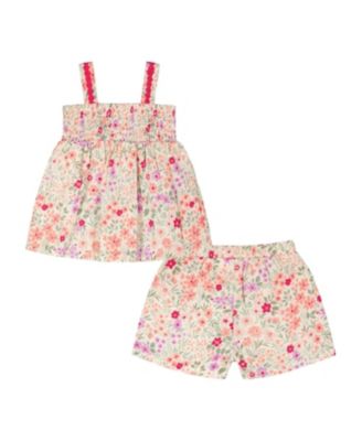 Girls' Tank Top with Smocking and Flowers Shorts Set in Muslin - Big Kid