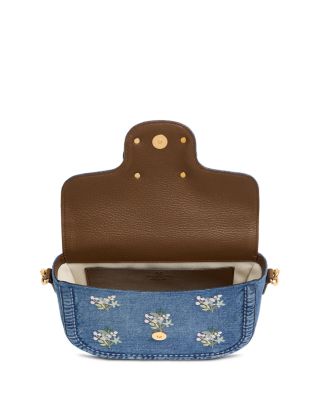 Embroidered Flower VLogo Denim Shoulder Bag