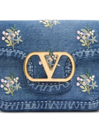 Embroidered Flower VLogo Denim Shoulder Bag