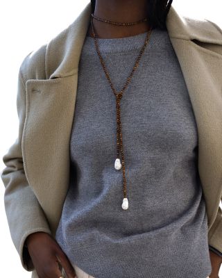 Imitation Pearl Lapis Lazuli Beaded Wrap Necklace, 50"