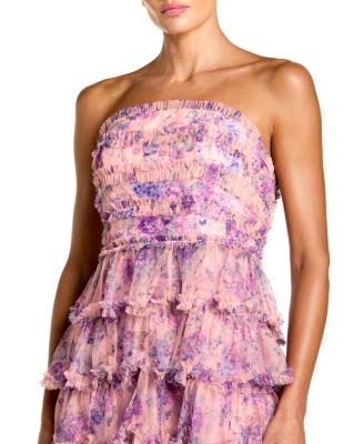  Printed Mesh Strapless Ruffle A Line Midi Dress