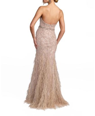 Strapless Beaded Net Trumpet Gown with Feathers
