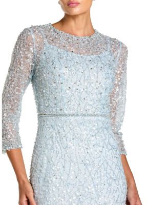  Beaded Embroidery Elbow Sleeve Column Gown