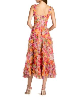 Floral Scoop Neck A-Line Ruffle Midi Dress