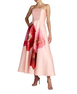 Strapless A Line Midi Dress with Flower Print