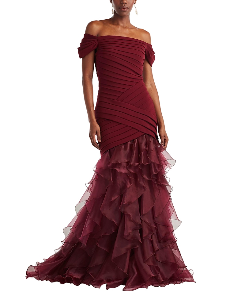 Tadashi Shoji Vail Shutter-Pleated Crepe and Organza Gown