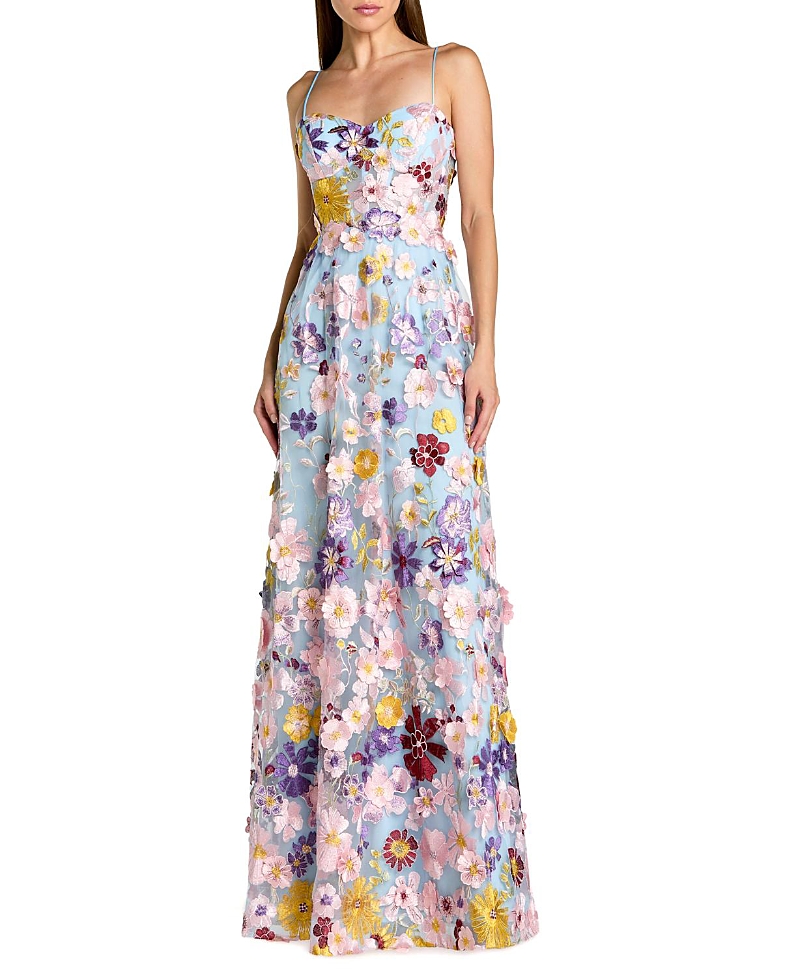 Mac Duggal Spaghetti Strap Floral Embroidered A-Line Gown