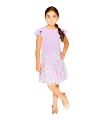  Girls' Bi-Material Short Flutter Sleeves Mesh Dress - Big Kid
