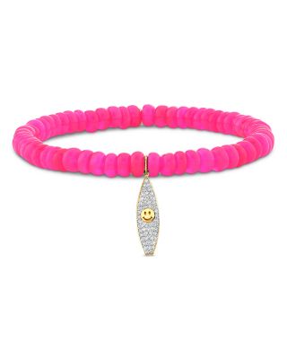 14K Yellow Gold California Hot Pink Ethiopian & Diamond Surfboard Charm Stretch Bracelet - Exclusive