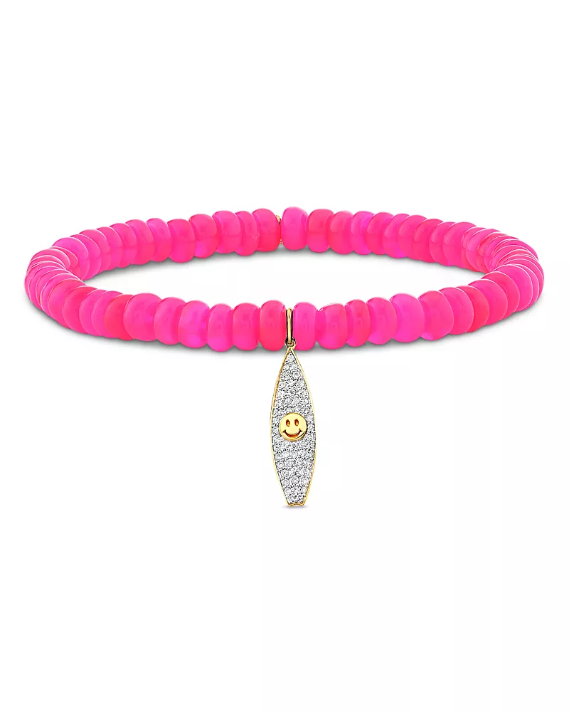 Sydney Evan 14K Yellow Gold California Hot Pink Ethiopian & Diamond Surfboard Charm Stretch Bracelet - Exclusive