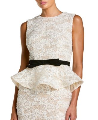  Lace Sleeveless Peplum Top Column Gown with Bow