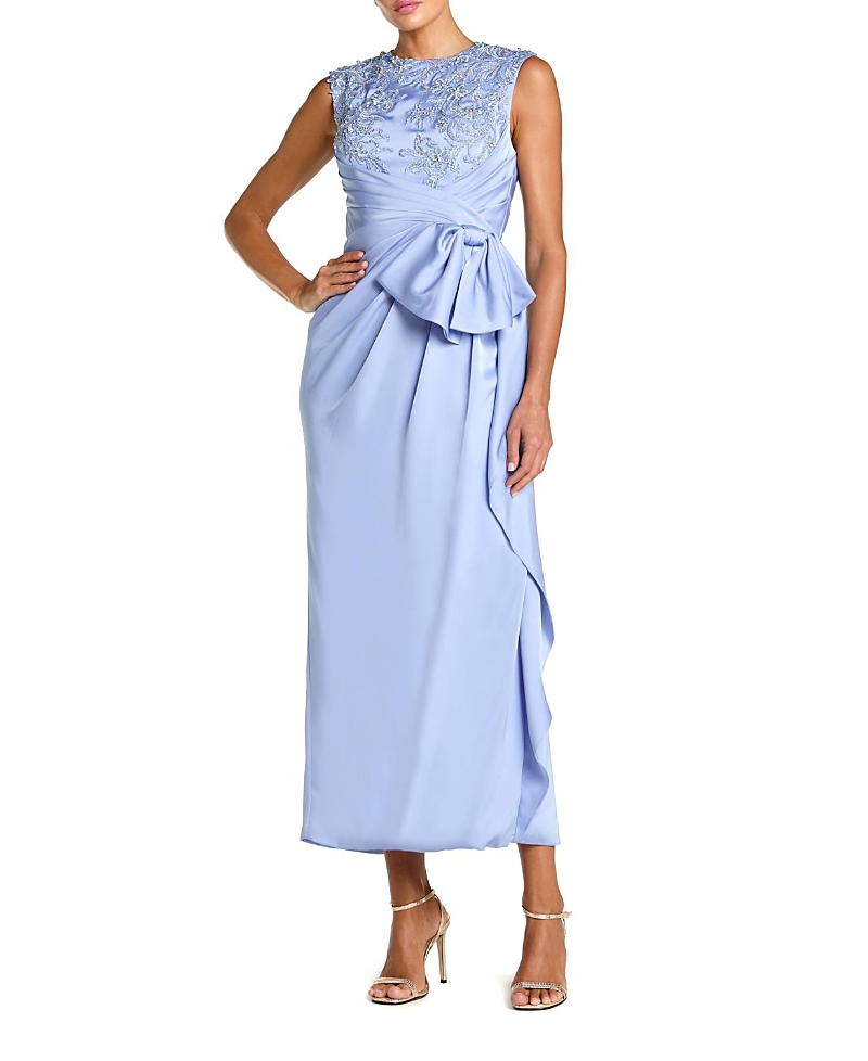 Mac Duggal Sleeveless Satin Beaded Ankle Dress with Bow