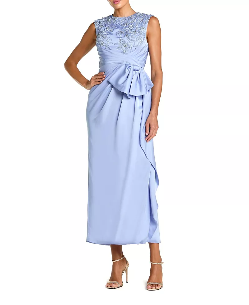 Mac Duggal Sleeveless Satin Beaded Ankle Dress with Bow