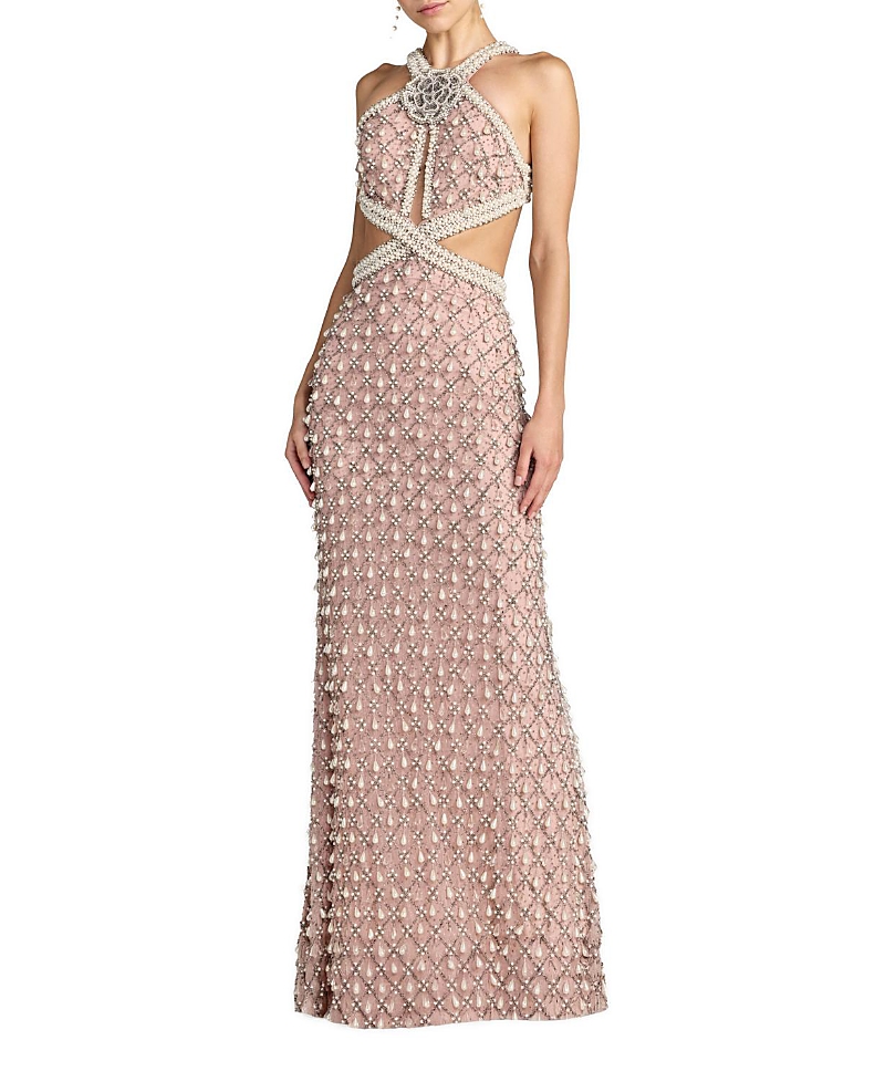 Mac Duggal Sleeveless Halter Cutout Pearl Embellished Gown