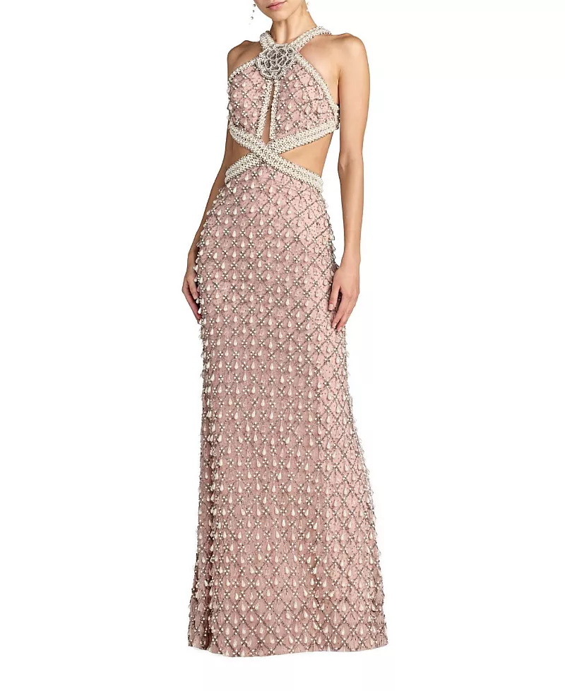 Mac Duggal Sleeveless Halter Cutout Pearl Embellished Gown