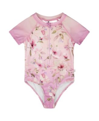 Girls' One-Piece Short Sleeve Flower Swimsuit - Big Kid