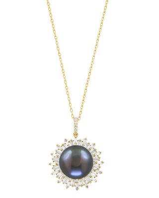 Pearl Spring Black Tahitian Pearl & Diamond Halo Pendant Necklace in 14K Yellow Gold, 16-18"