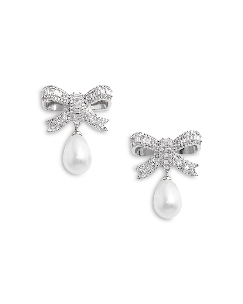 Self-Portrait Cubic Zirconia & Imitation Pearl Bow Drop Earrings